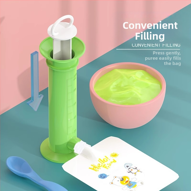 Прост пълнител за бебешка храна тип спринцовка, разделител за торбички за бебешко плодово пюре, приспособление за споделяне на бебешка храна
