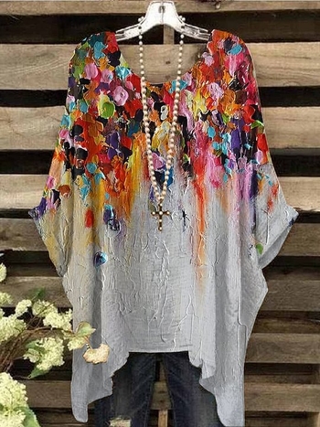 Γυναικεία Ρούχα για μεγάλα μεγέθη, Ευρωπαϊκή και Αμερικανική, Διασυνοριακή, 100,00 κιλά, παχουλό κορίτσι, Ριχτό T-shirt, Γυναικείο Μπλούζα με Μανίκια και Νυχτερίδα, για Γυναικεία Ρούχα, Αντιγηραντική Μπλούζα