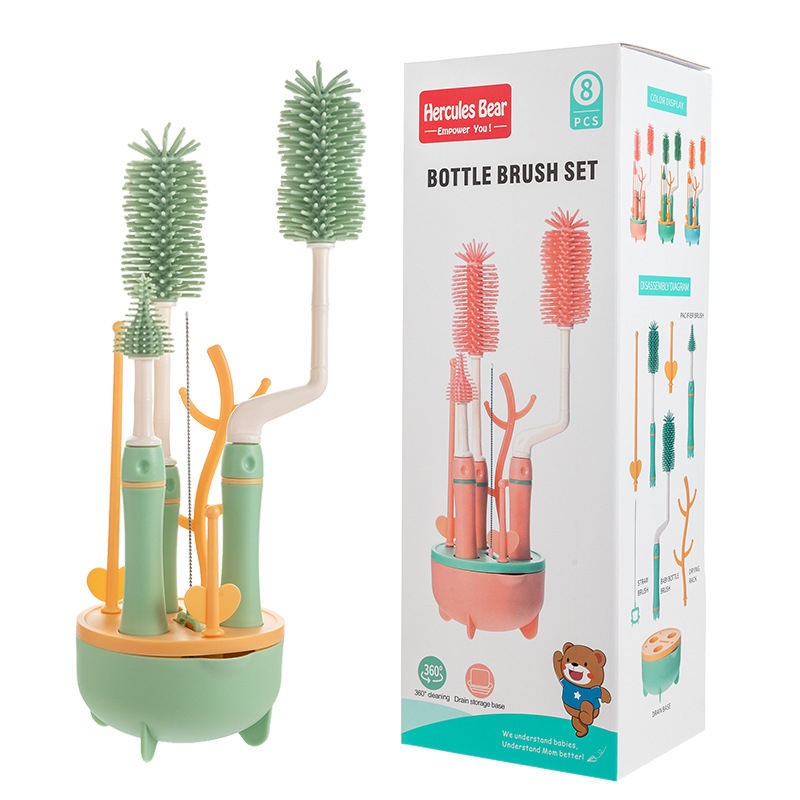 Užsienio prekybos eksporto silikoninis butelių šepetėlis ilgomis rankenomis, valymo šepetėlių derinys, 360 laipsnių besisukantis valymo butelių šepetėlių kostiumas