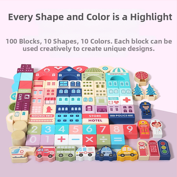 cpc vaikiški mediniai statybiniai blokeliai miesto gatvės peizažas spalvingas personažas gyvūnas automobilis dideli dalelių statybiniai blokeliai cilindrinis žaislas