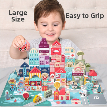 cpc vaikiški mediniai statybiniai blokeliai miesto gatvės peizažas spalvingas personažas gyvūnas automobilis dideli dalelių statybiniai blokeliai cilindrinis žaislas