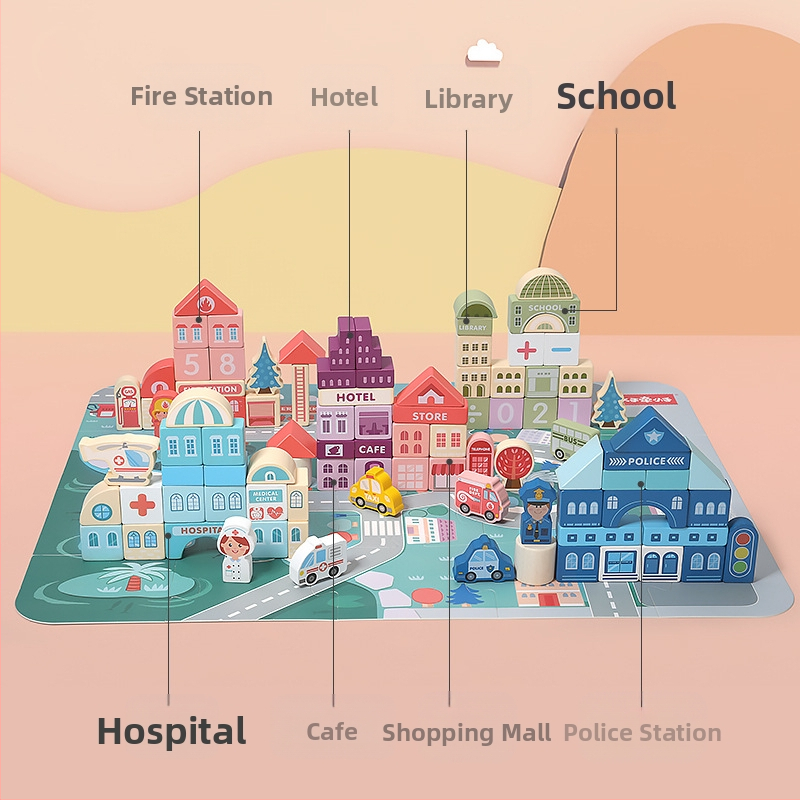 cpc vaikiški mediniai statybiniai blokeliai miesto gatvės peizažas spalvingas personažas gyvūnas automobilis dideli dalelių statybiniai blokeliai cilindrinis žaislas