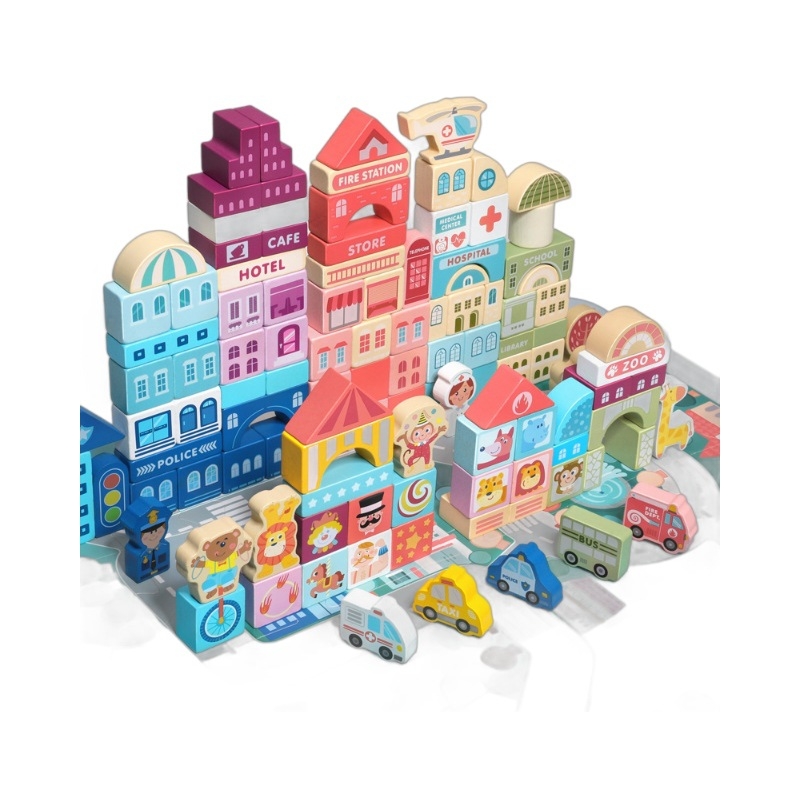 cpc vaikiški mediniai statybiniai blokeliai miesto gatvės peizažas spalvingas personažas gyvūnas automobilis dideli dalelių statybiniai blokeliai cilindrinis žaislas