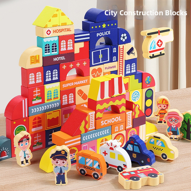 cpc vaikiški mediniai statybiniai blokeliai miesto gatvės peizažas spalvingas personažas gyvūnas automobilis dideli dalelių statybiniai blokeliai cilindrinis žaislas