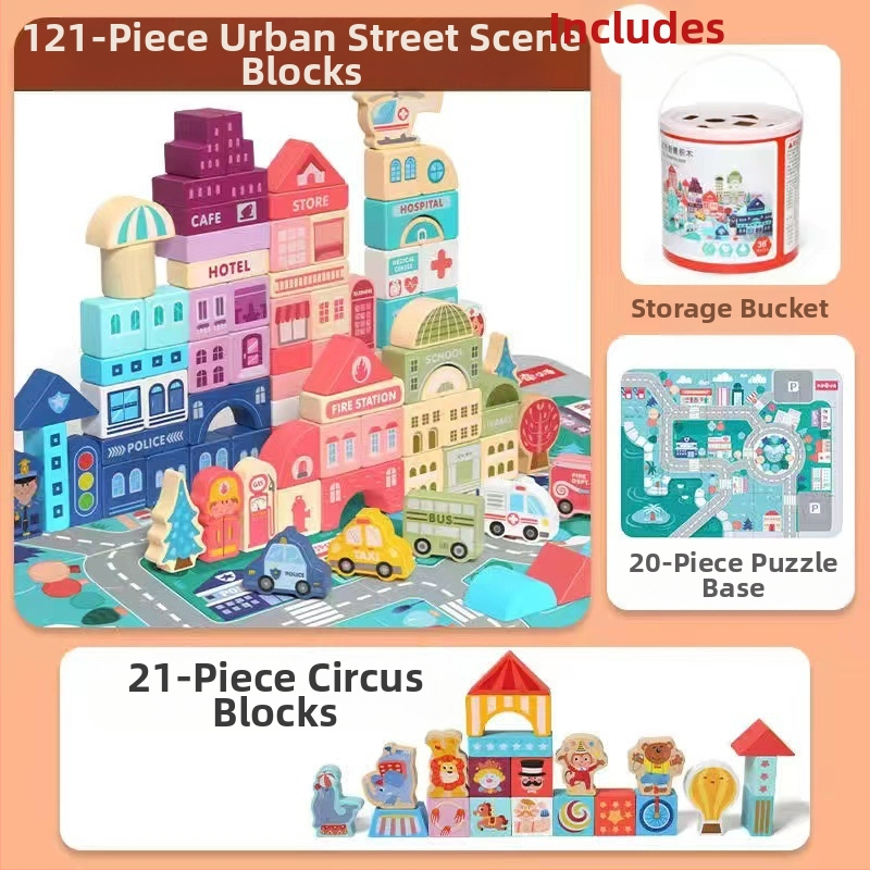 cpc vaikiški mediniai statybiniai blokeliai miesto gatvės peizažas spalvingas personažas gyvūnas automobilis dideli dalelių statybiniai blokeliai cilindrinis žaislas