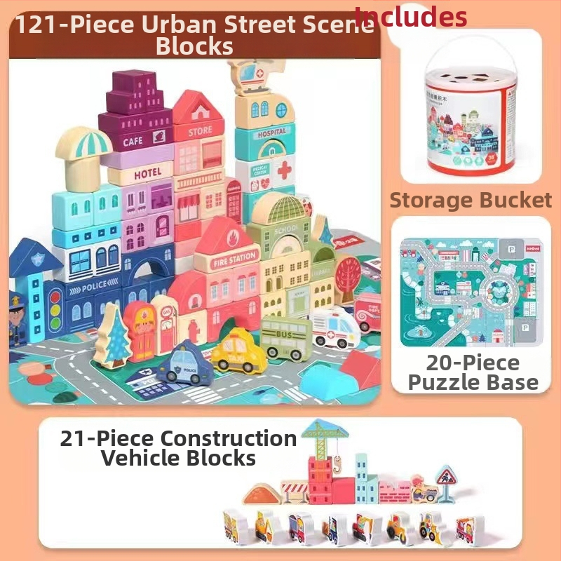 cpc vaikiški mediniai statybiniai blokeliai miesto gatvės peizažas spalvingas personažas gyvūnas automobilis dideli dalelių statybiniai blokeliai cilindrinis žaislas