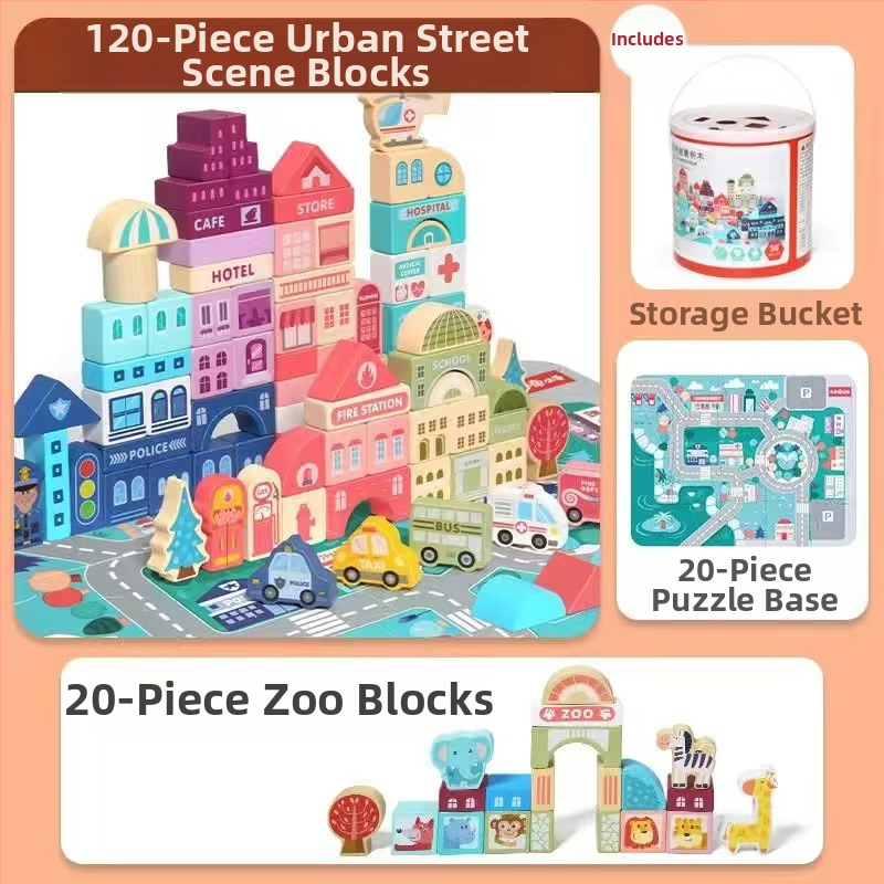 cpc vaikiški mediniai statybiniai blokeliai miesto gatvės peizažas spalvingas personažas gyvūnas automobilis dideli dalelių statybiniai blokeliai cilindrinis žaislas