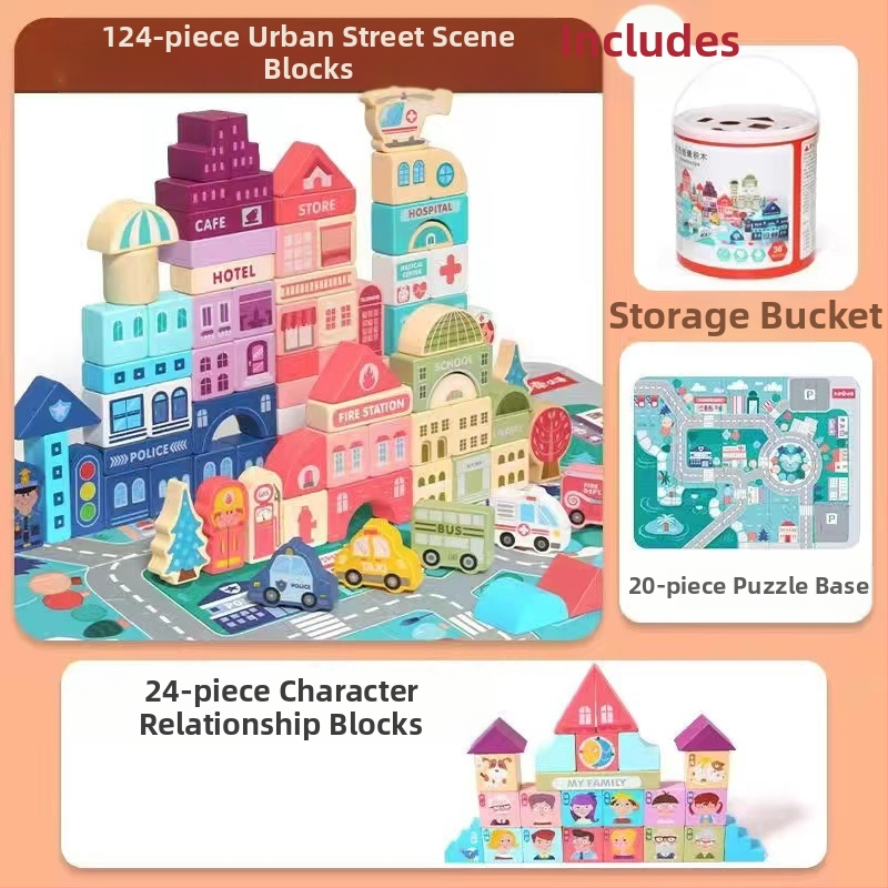 cpc vaikiški mediniai statybiniai blokeliai miesto gatvės peizažas spalvingas personažas gyvūnas automobilis dideli dalelių statybiniai blokeliai cilindrinis žaislas