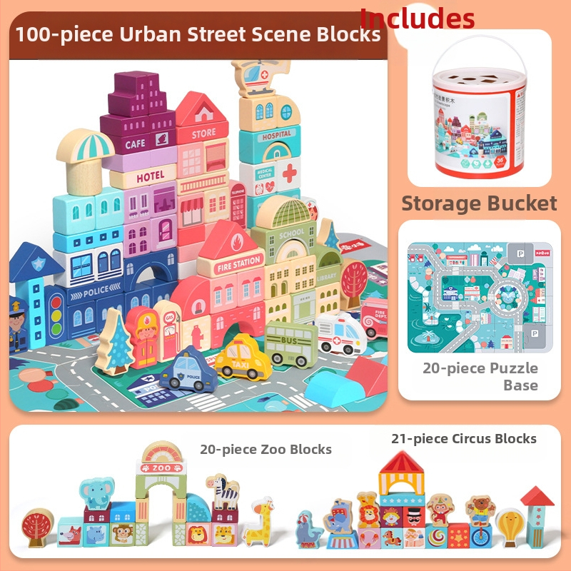 cpc vaikiški mediniai statybiniai blokeliai miesto gatvės peizažas spalvingas personažas gyvūnas automobilis dideli dalelių statybiniai blokeliai cilindrinis žaislas