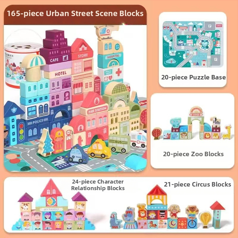 cpc vaikiški mediniai statybiniai blokeliai miesto gatvės peizažas spalvingas personažas gyvūnas automobilis dideli dalelių statybiniai blokeliai cilindrinis žaislas