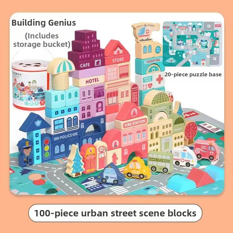 cpc vaikiški mediniai statybiniai blokeliai miesto gatvės peizažas spalvingas personažas gyvūnas automobilis dideli dalelių statybiniai blokeliai cilindrinis žaislas