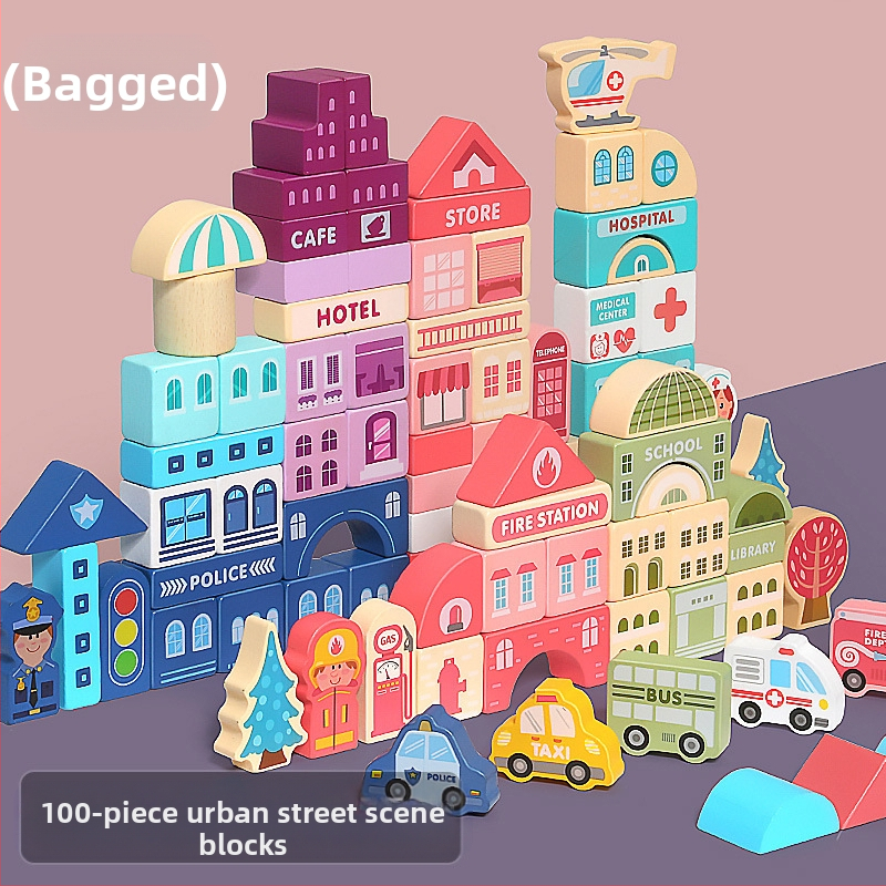 cpc vaikiški mediniai statybiniai blokeliai miesto gatvės peizažas spalvingas personažas gyvūnas automobilis dideli dalelių statybiniai blokeliai cilindrinis žaislas