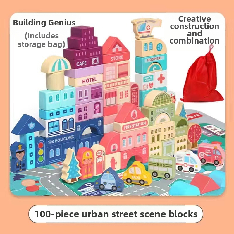 cpc vaikiški mediniai statybiniai blokeliai miesto gatvės peizažas spalvingas personažas gyvūnas automobilis dideli dalelių statybiniai blokeliai cilindrinis žaislas