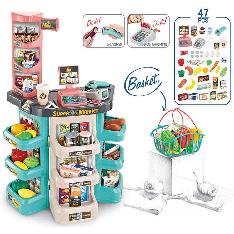 Piiriülene laste simulatsiooniga supermarketi jäätise ostukorvi komplekt krediitkaardiskanneriga pere kassapidaja supermarketi mänguasjad