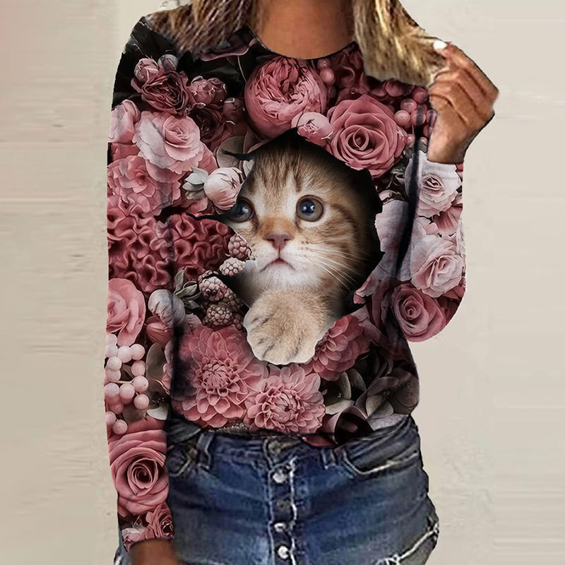 2024. aasta Amazon Independent Stationi naiste pikkade varrukatega T-särk, uus 3D-prinditud loodusliku maastikuga crewneck-kaelusega pikkade varrukatega lahtine T-särk naistele