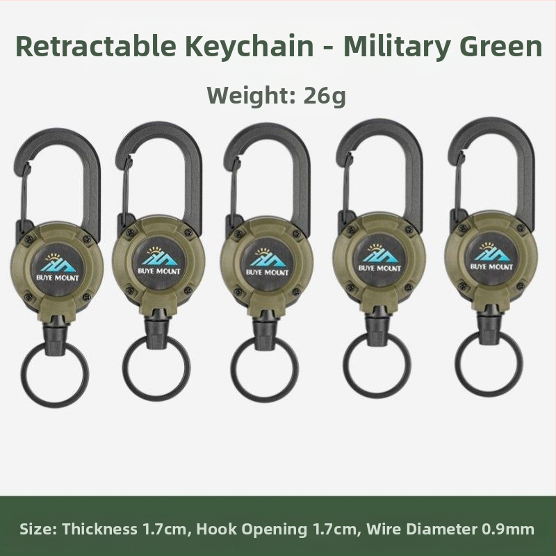 Välistingimustes kasutatav taktikaline sissetõmmatav pandlaga terasest traatköis multifunktsionaalne võtmehoidja, telkimiseks mõeldud tagasilöögivastane köis, sissetõmmatav