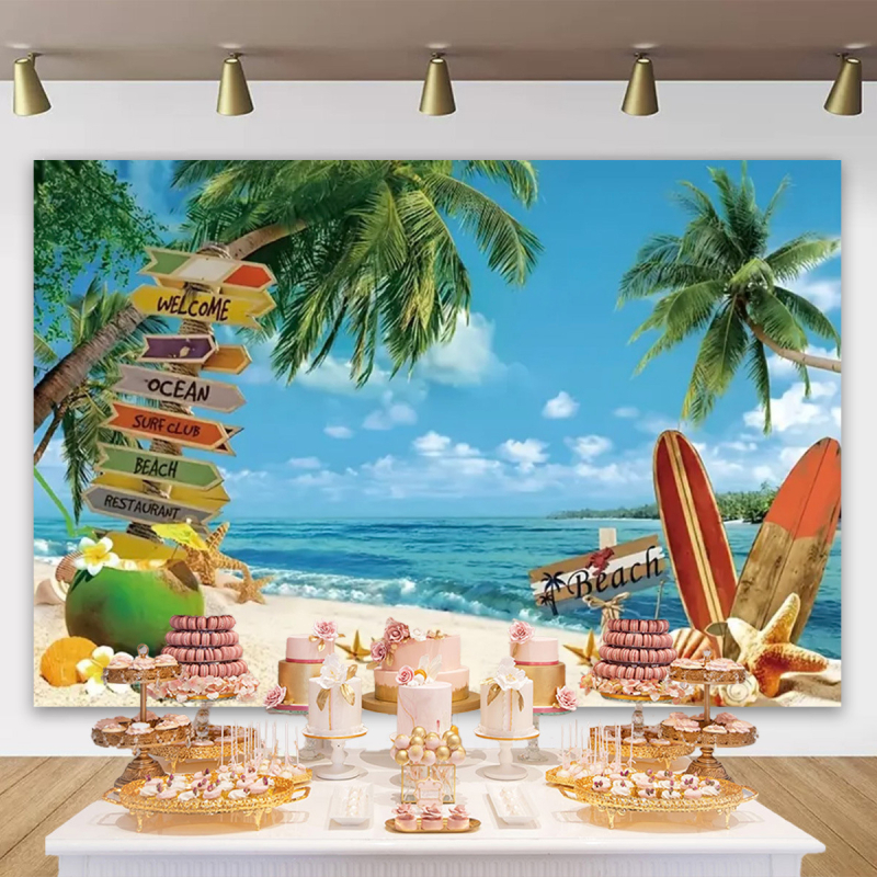 Vasaros paplūdimio gobeleno fonas, audinys, tropinis, pajūrio, gėlė, Aloha, Havajai, vandenynas, banglentė, šventinis, vakarėlis