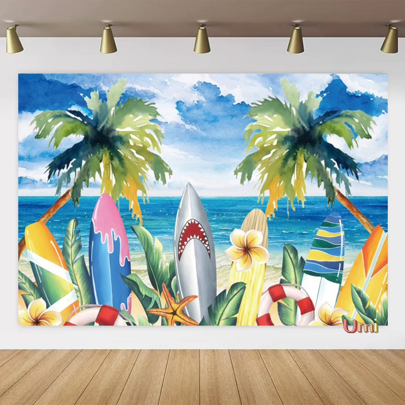 Vasaros paplūdimio gobeleno fonas, audinys, tropinis, pajūrio, gėlė, Aloha, Havajai, vandenynas, banglentė, šventinis, vakarėlis