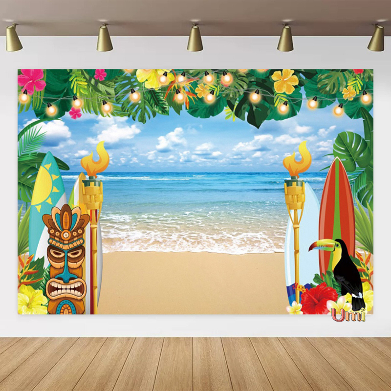 Vasaros paplūdimio gobeleno fonas, audinys, tropinis, pajūrio, gėlė, Aloha, Havajai, vandenynas, banglentė, šventinis, vakarėlis