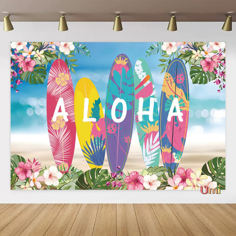 Vasaros paplūdimio gobeleno fonas, audinys, tropinis, pajūrio, gėlė, Aloha, Havajai, vandenynas, banglentė, šventinis, vakarėlis
