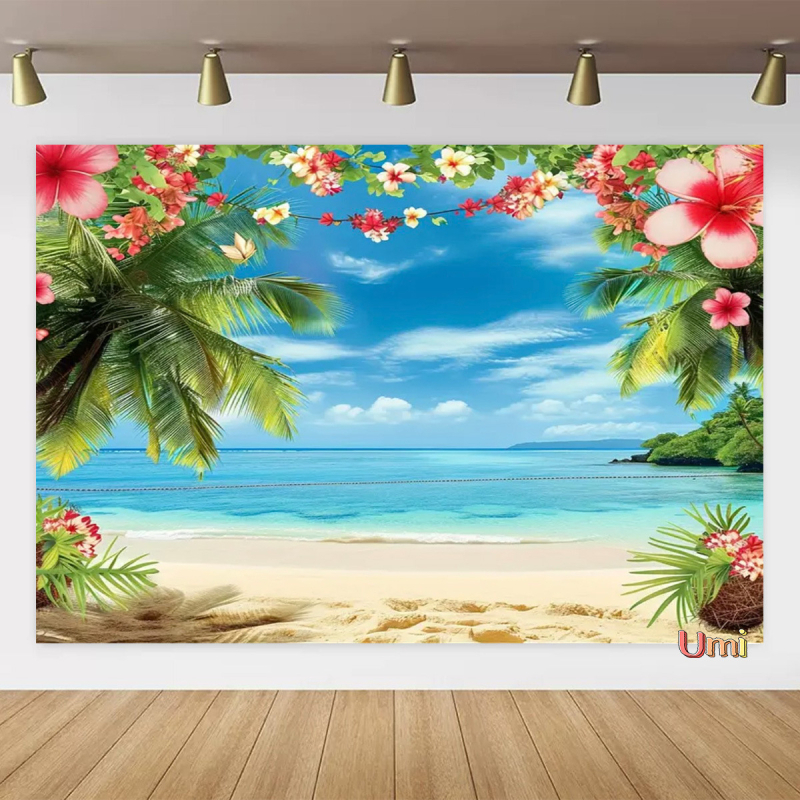 Vasaros paplūdimio gobeleno fonas, audinys, tropinis, pajūrio, gėlė, Aloha, Havajai, vandenynas, banglentė, šventinis, vakarėlis