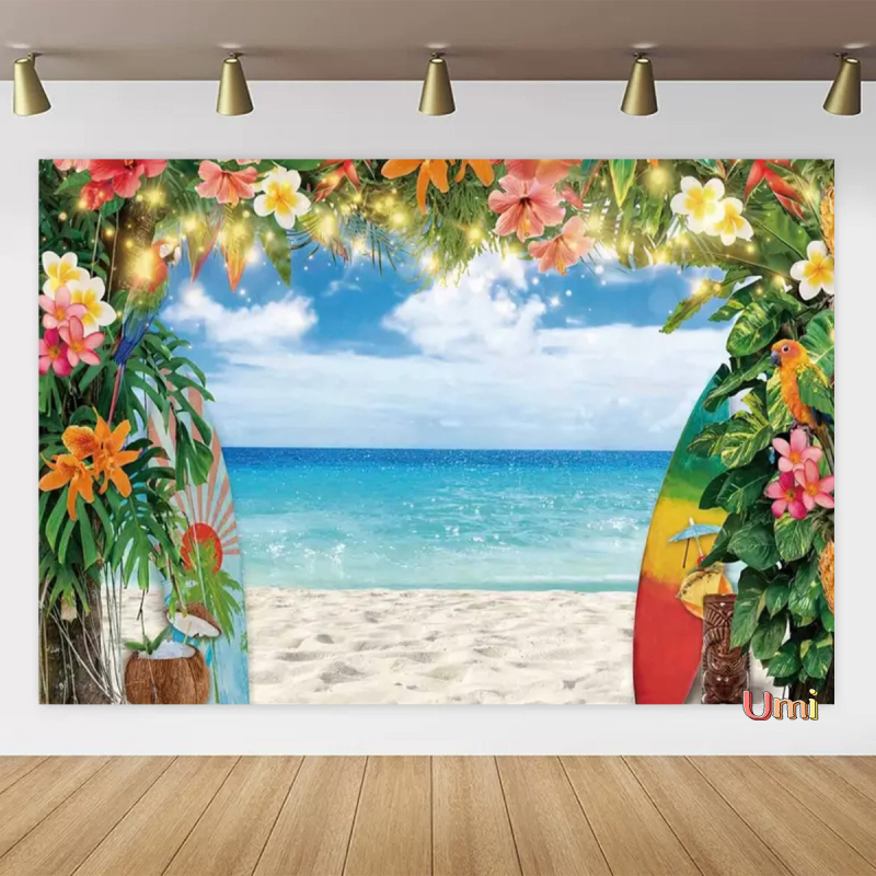 Vasaros paplūdimio gobeleno fonas, audinys, tropinis, pajūrio, gėlė, Aloha, Havajai, vandenynas, banglentė, šventinis, vakarėlis