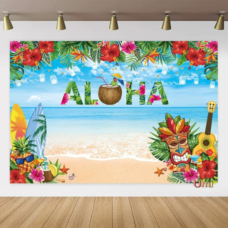 Vasaros paplūdimio gobeleno fonas, audinys, tropinis, pajūrio, gėlė, Aloha, Havajai, vandenynas, banglentė, šventinis, vakarėlis
