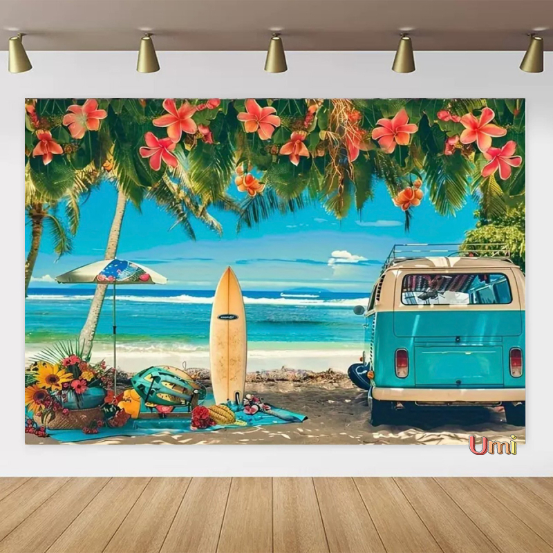 Vasaros paplūdimio gobeleno fonas, audinys, tropinis, pajūrio, gėlė, Aloha, Havajai, vandenynas, banglentė, šventinis, vakarėlis