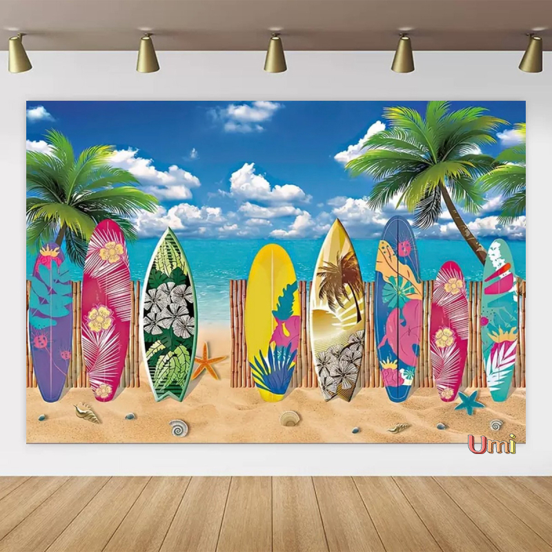 Vasaros paplūdimio gobeleno fonas, audinys, tropinis, pajūrio, gėlė, Aloha, Havajai, vandenynas, banglentė, šventinis, vakarėlis