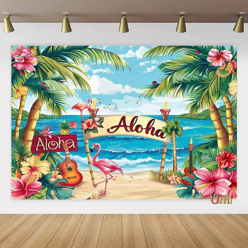Vasaros paplūdimio gobeleno fonas, audinys, tropinis, pajūrio, gėlė, Aloha, Havajai, vandenynas, banglentė, šventinis, vakarėlis