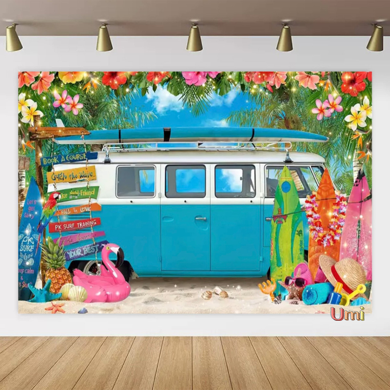 Vasaros paplūdimio gobeleno fonas, audinys, tropinis, pajūrio, gėlė, Aloha, Havajai, vandenynas, banglentė, šventinis, vakarėlis