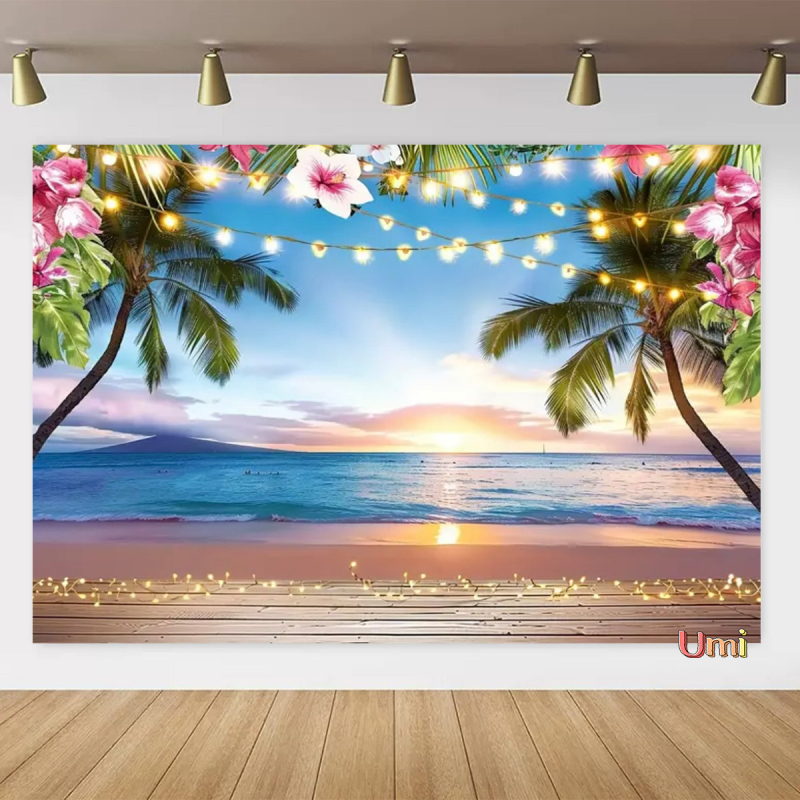 Vasaros paplūdimio gobeleno fonas, audinys, tropinis, pajūrio, gėlė, Aloha, Havajai, vandenynas, banglentė, šventinis, vakarėlis