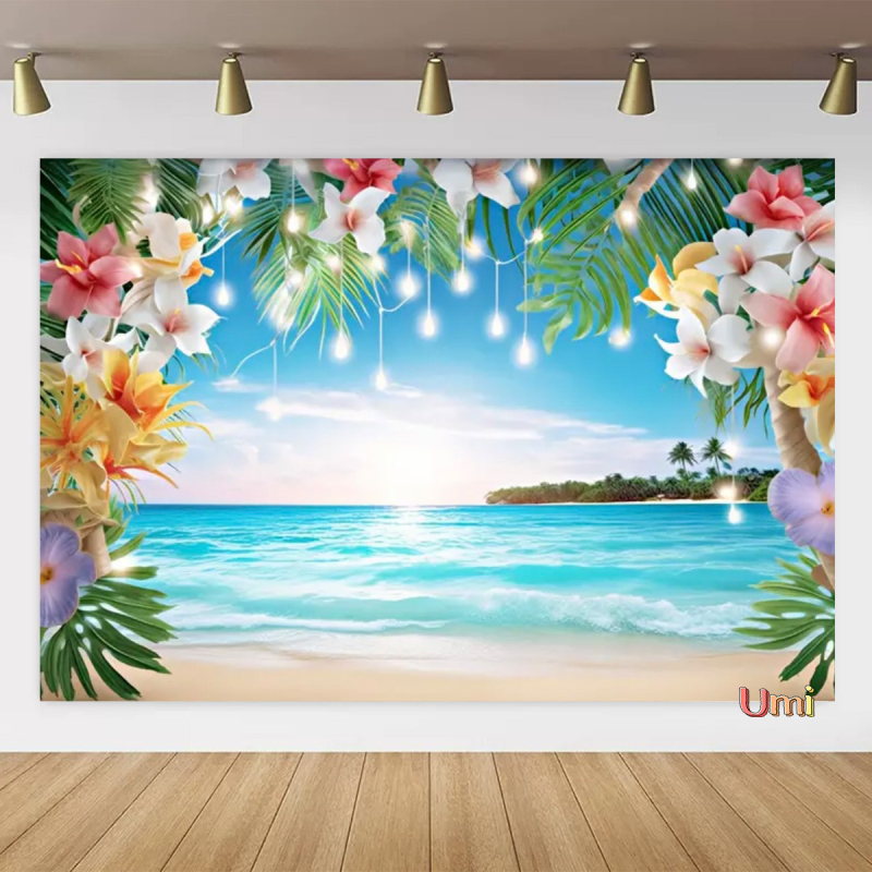 Vasaros paplūdimio gobeleno fonas, audinys, tropinis, pajūrio, gėlė, Aloha, Havajai, vandenynas, banglentė, šventinis, vakarėlis
