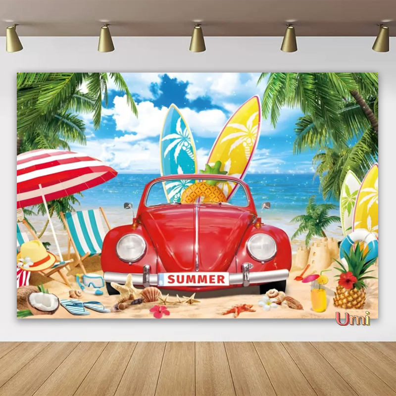 Vasaros paplūdimio gobeleno fonas, audinys, tropinis, pajūrio, gėlė, Aloha, Havajai, vandenynas, banglentė, šventinis, vakarėlis