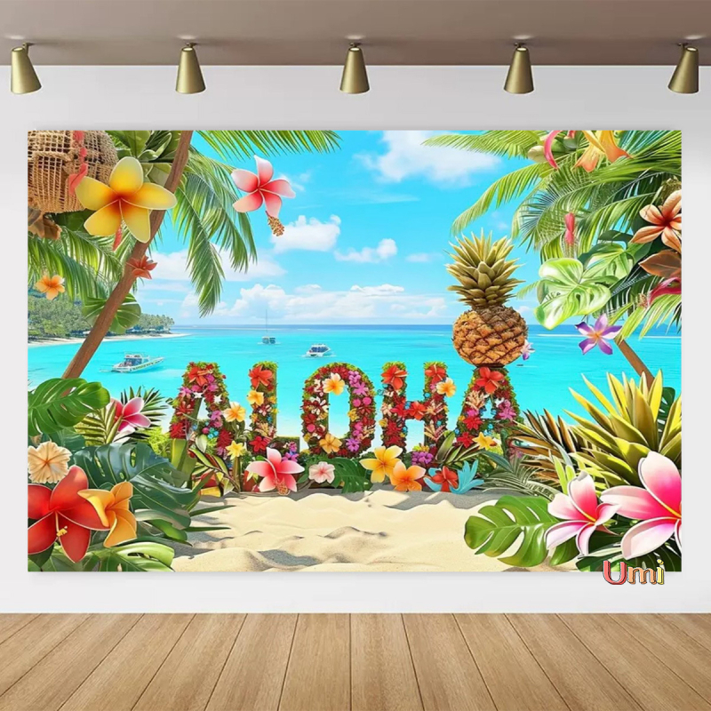 Vasaros paplūdimio gobeleno fonas, audinys, tropinis, pajūrio, gėlė, Aloha, Havajai, vandenynas, banglentė, šventinis, vakarėlis