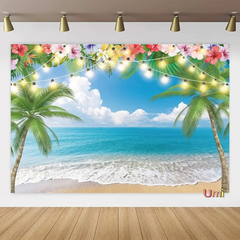 Vasaros paplūdimio gobeleno fonas, audinys, tropinis, pajūrio, gėlė, Aloha, Havajai, vandenynas, banglentė, šventinis, vakarėlis