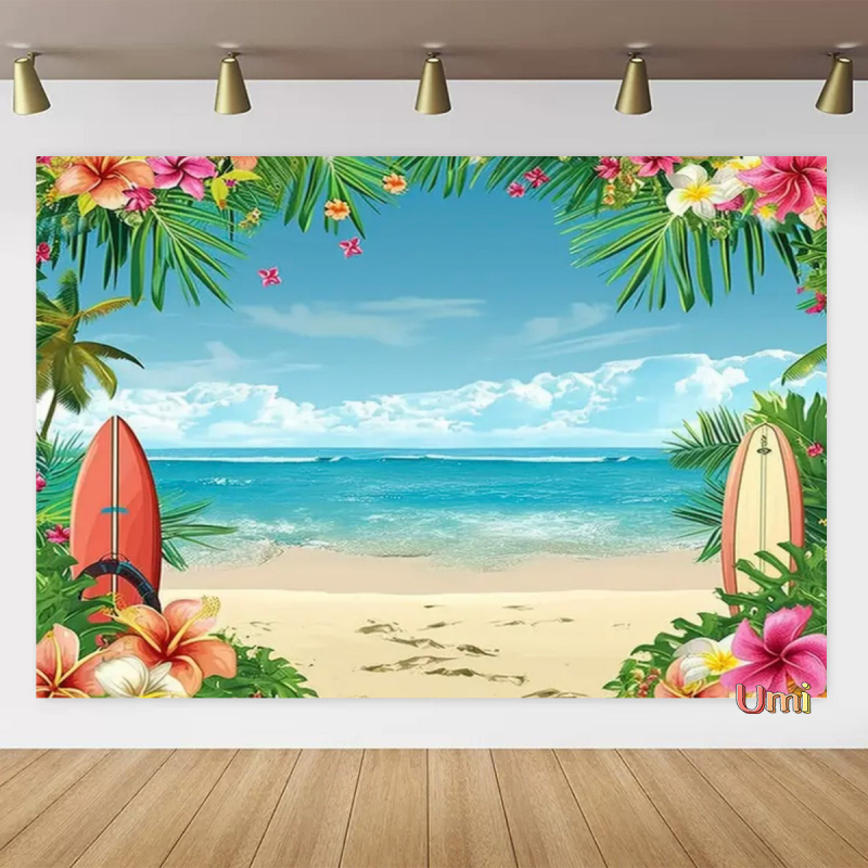 Vasaros paplūdimio gobeleno fonas, audinys, tropinis, pajūrio, gėlė, Aloha, Havajai, vandenynas, banglentė, šventinis, vakarėlis