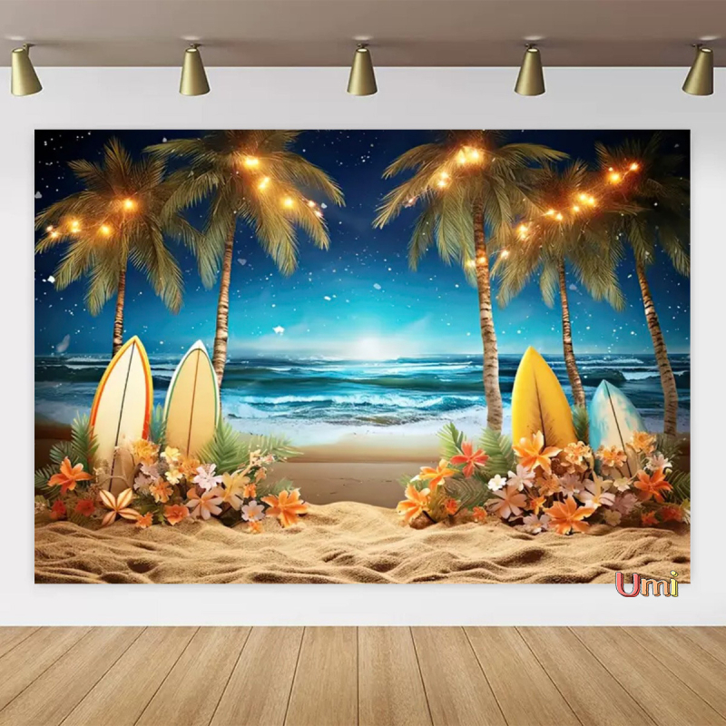 Vasaros paplūdimio gobeleno fonas, audinys, tropinis, pajūrio, gėlė, Aloha, Havajai, vandenynas, banglentė, šventinis, vakarėlis