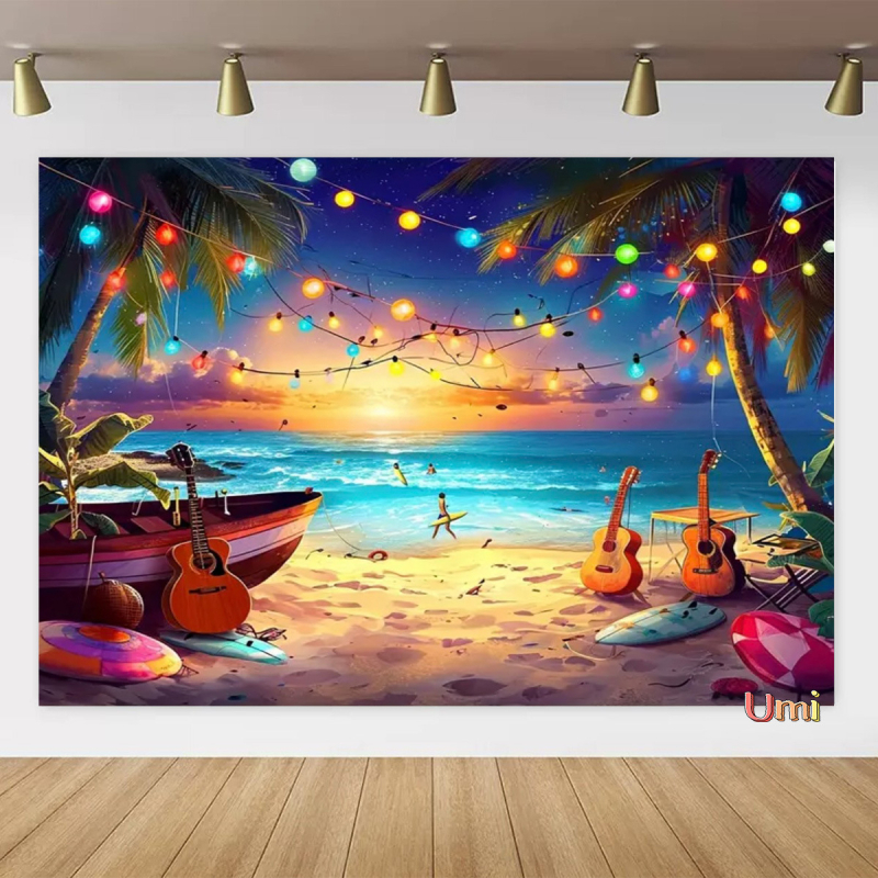 Vasaros paplūdimio gobeleno fonas, audinys, tropinis, pajūrio, gėlė, Aloha, Havajai, vandenynas, banglentė, šventinis, vakarėlis