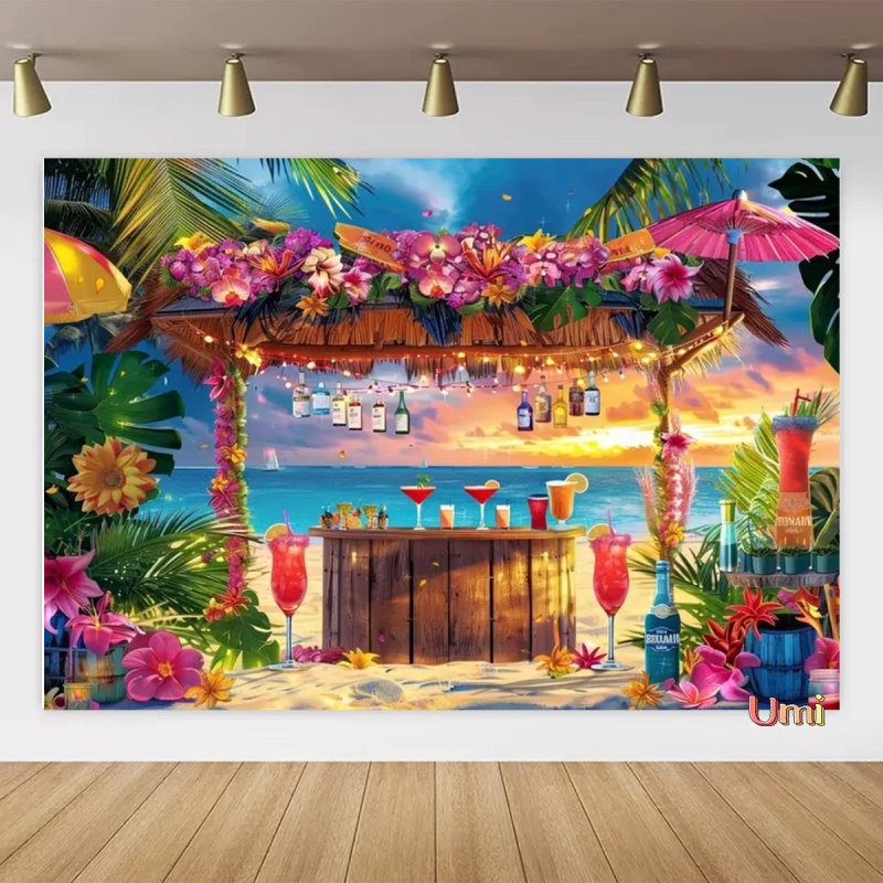 Vasaros paplūdimio gobeleno fonas, audinys, tropinis, pajūrio, gėlė, Aloha, Havajai, vandenynas, banglentė, šventinis, vakarėlis