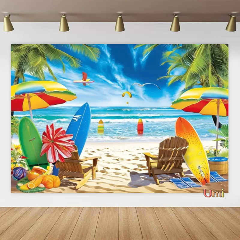 Vasaros paplūdimio gobeleno fonas, audinys, tropinis, pajūrio, gėlė, Aloha, Havajai, vandenynas, banglentė, šventinis, vakarėlis