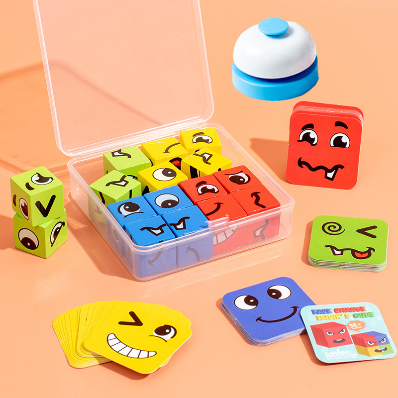 Детски сменящи лицето кубчета на Рубик, строителни блокове, образователни играчки, интерактивна настолна бойна игра за родители и деца, дървена усмихната шарка, кубче на Рубик