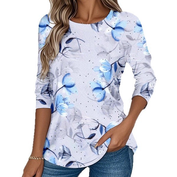 Európai és amerikai független állomás Amazon határokon átnyúló új 3D digitális nyomtatású női divatos kerek nyakú hosszú ujjú póló tavasz és ősz