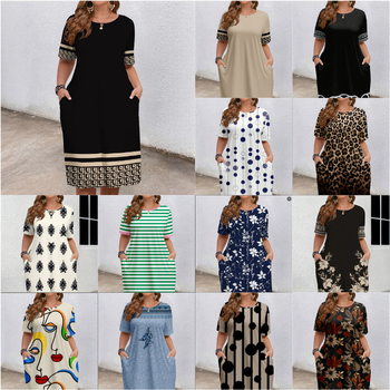 Európai és amerikai határokon átnyúló női ruházat 2025 nyári új stílus kényelmes kerek nyakú zsebes divat elegáns kontrasztos színű rövid ujjú ruha