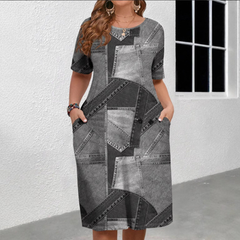 Európai és amerikai határokon átnyúló női ruházat 2025 nyári új stílus kényelmes kerek nyakú zsebes divat elegáns kontrasztos színű rövid ujjú ruha