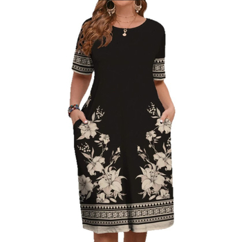 Európai és amerikai határokon átnyúló női ruházat 2025 nyári új stílus kényelmes kerek nyakú zsebes divat elegáns kontrasztos színű rövid ujjú ruha