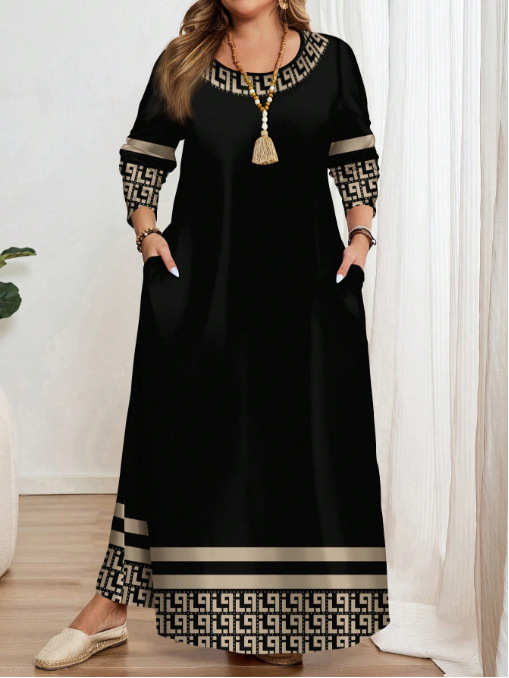 Európai és amerikai határokon átnyúló női ruházat 2025 nyári új stílus kényelmes kerek nyakú zsebes divat elegáns kontrasztos színű rövid ujjú ruha