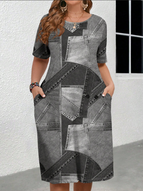 Európai és amerikai határokon átnyúló női ruházat 2025 nyári új stílus kényelmes kerek nyakú zsebes divat elegáns kontrasztos színű rövid ujjú ruha