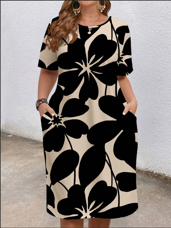 Európai és amerikai határokon átnyúló női ruházat 2025 nyári új stílus kényelmes kerek nyakú zsebes divat elegáns kontrasztos színű rövid ujjú ruha