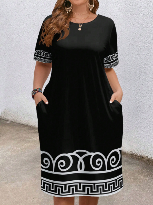 Európai és amerikai határokon átnyúló női ruházat 2025 nyári új stílus kényelmes kerek nyakú zsebes divat elegáns kontrasztos színű rövid ujjú ruha